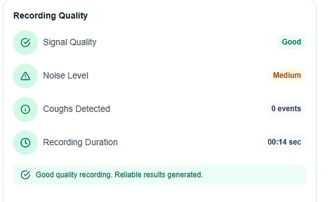 Kylunghealth recording quality panel with signal quality, noise level, coughs detected and duration