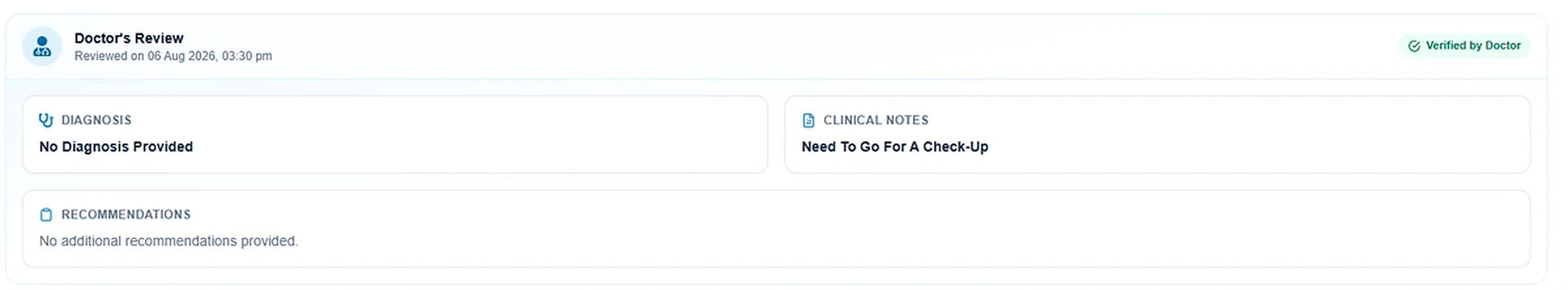 Kylunghealth doctor's review section with diagnosis, clinical notes and recommendations