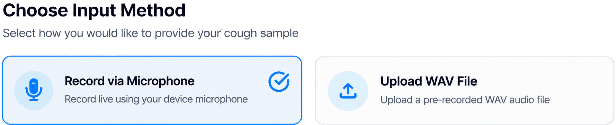 Kylunghealth assessment step 1 — choose record live or upload a WAV file