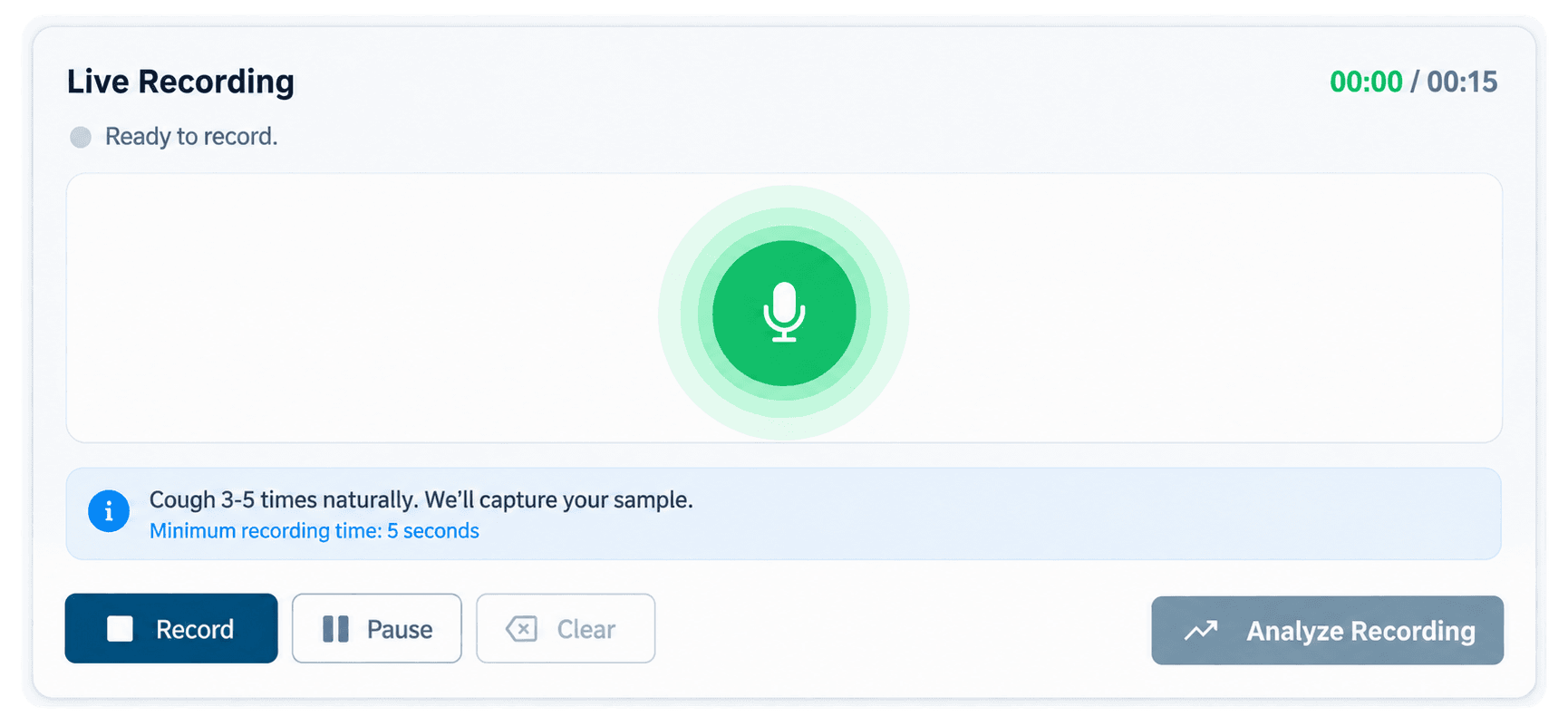 Kylunghealth assessment step 2 — live cough recording controls and timer