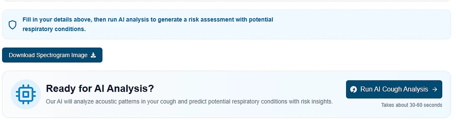 Kylunghealth Run AI Cough Analysis button on the assessment screen